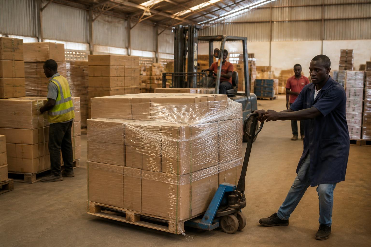 Warehouse workers moving pallets of technology goods