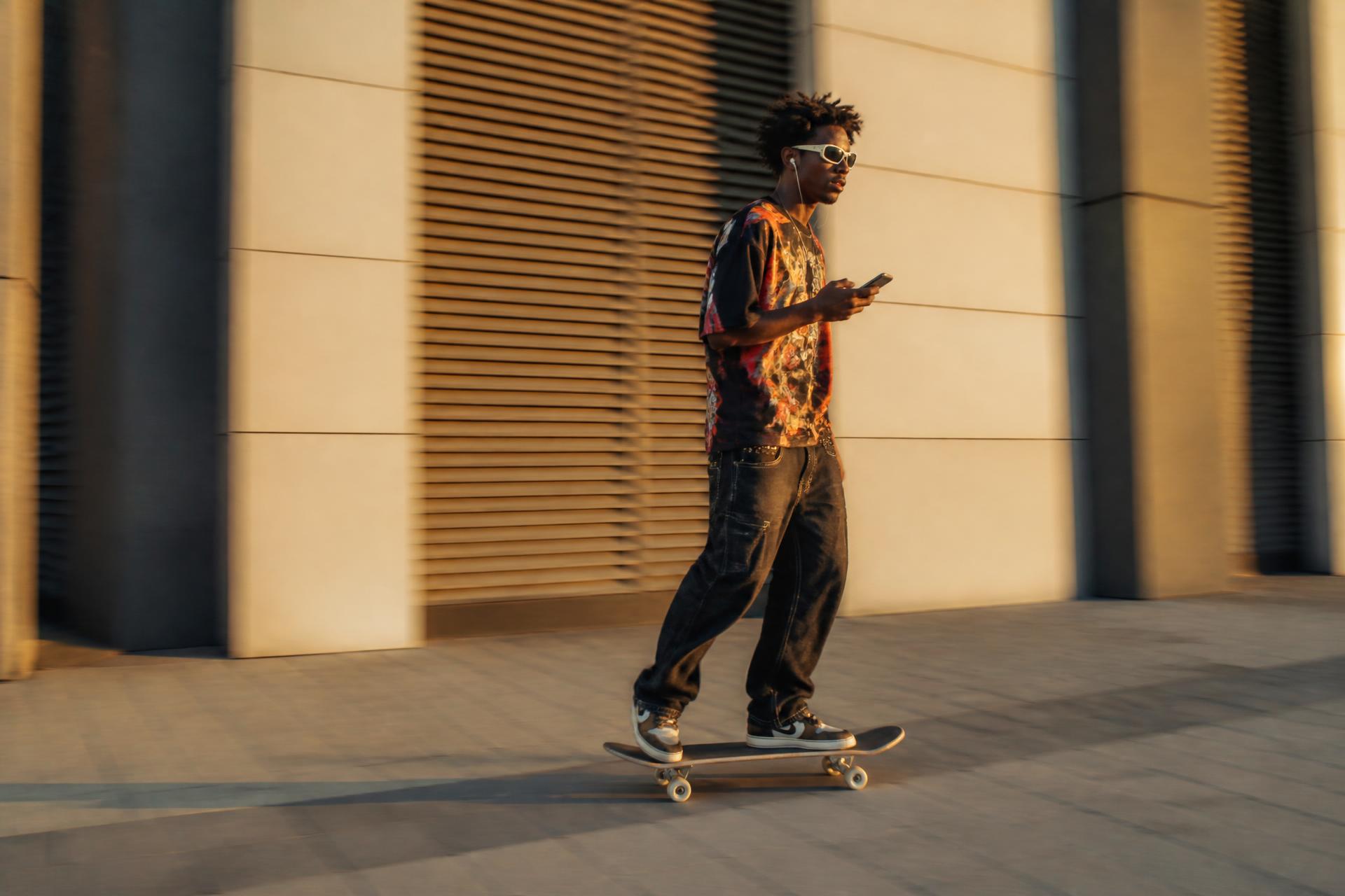 Young man skating through the city at golden hour with his phone